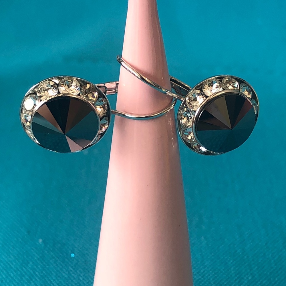Faux Hematite Crystal and Silvertone Leverback Earrings